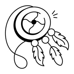 A doodle icon of native necklace with dreamcatcher feathers and beads

