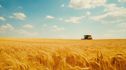 Fototapeta premium Golden Wheat Field with Harvester Under Blue Sky