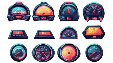 Detailed collection of various vehicle speedometers and gauges showcasing different designs and measurements in a colorful layout