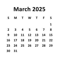 March 2025. Monthly calendar design. Weeks starts on Sunday. Simple and clear design isolated on white background.