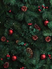 Festive christmas background with fir tree branches, ornaments, and holiday decorations in a cozy winter setting