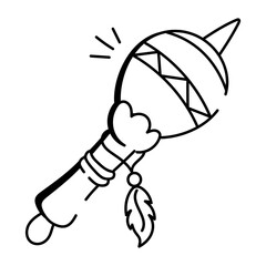A doodle icon of a gourd rattle with a feather
