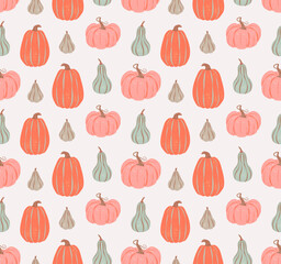 Seamless pattern of various multicolored pumpkins and gourds. Vector illustration in a minimalist flat retro style. Thanksgiving, harvest, autumn season fabric textile, packaging, wrapping paper