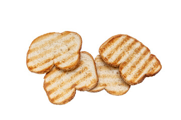Toasted white bread toasts on white background, top view