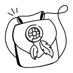 A doodle icon of a boho bag with feathers and a patterned design

