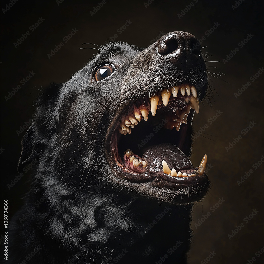 Wall mural fierce black dog baring its teeth in an intimidating display, captured with a sharp focus on its int