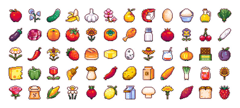 Naklejki Pixel Art Food and Farm Product Icons Set, Fruits, Bakery, Sweets, Vegetables, Agriculture Plants, Healthy Food Products, Kitchen, Snack, Rose Flowers. Retro 8-bit Elements for Games and Design.
