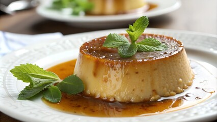 Caramel flan with caramel sauce and mint garnish on white plate