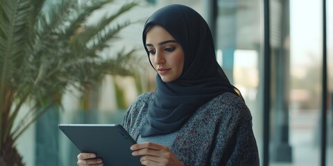 A young woman from the Middle East, working at an office building, uses a tablet for her online job. She's holding the device, looking focused and ready to work.