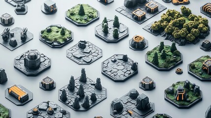 Fantasy tabletop game terrain components displayed on a surface featuring lush greenery and rocky landscapes in an organized layout