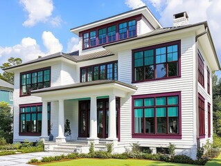 Fototapeta premium Modern white home in Georgia with turquoise window frames and maroon trim, sunny.