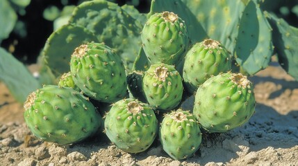 Fototapeta premium Fresh Green Pear Cactus Fruits on Sandy Background