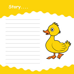 Lined sheet template. story about character. handwriting paper with cute character illustration. diary planner. wishlist. checklist. notepad. cute duck illustration