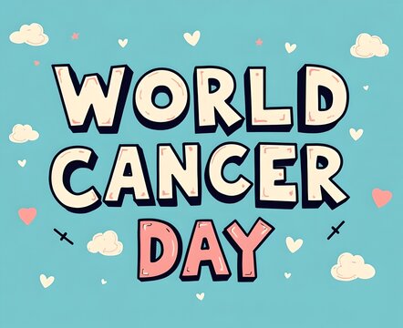 World Cancer Day text with a blue sky backdrop.