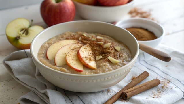 Amaranth porridge with apple slices and cinnamon in bowl