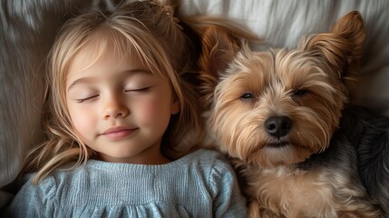 A little girl sleeping with a Yorkshire terrier, simple white background