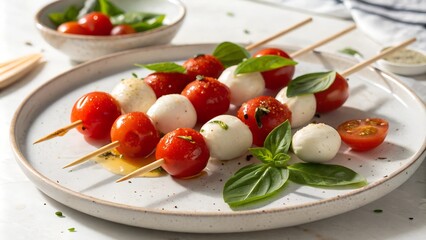 Caprese skewers with tomatoes and mozzarella on white plate