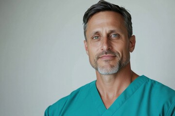 Portrait of confident male doctor wearing green scrubs conveying trust and expertise