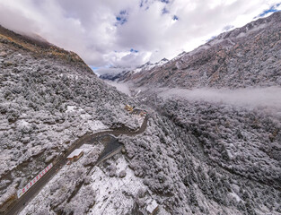 Drone aerial photography flying Landscape of Changping Valley, Siguniang National Park in western Sichuan of China.