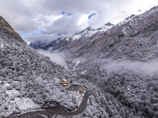 Drone aerial photography flying Landscape of Changping Valley, Siguniang National Park in western Sichuan of China.