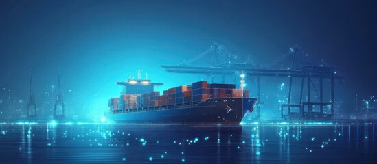 Obraz premium A cargo ship docked at a port at night with cranes in the background.