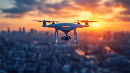 Drone Flying Over Cityscape During Scenic Sunset