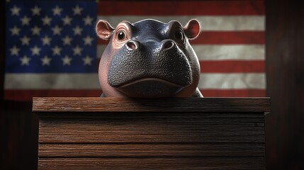 A hippo stands in a courtroom setting beneath the American flag, highlighting an unusual trial or legal scenario