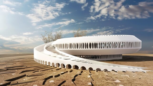 3D Rendering of White Circular Building - a sleek and modern architectural visual. The circular design showcases innovative aesthetics and clean lines, creating a striking appearance.