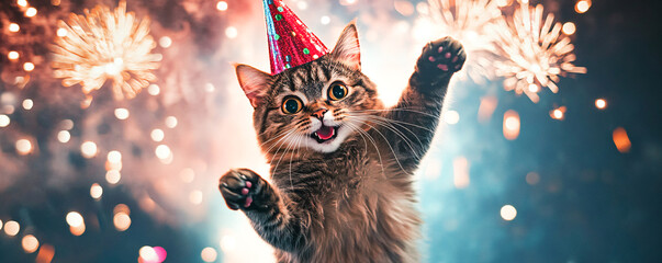 Cat in a festive party hat, caught mid-air with a happy face, looking directly at the camera with fireworks bursting in the background, Created by using generative AI tools	
