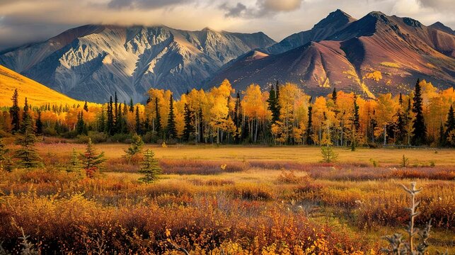 The Scenery of Autumn Forests in the Sunset Mountains - a breathtaking and idyllic visual. The autumn forests in the sunset mountains create a warm and vibrant look. It gives the impression of a seren