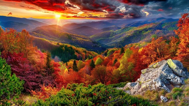 The Scenery of Autumn Forests in the Sunset Mountains - a breathtaking and idyllic visual. The autumn forests in the sunset mountains create a warm and vibrant look. It gives the impression of a seren