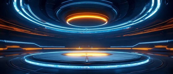 Futuristic sport arena with geometric shapes, glowing highlights, and room for text.