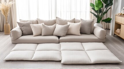 Cozy Beige Sofa with Soft Cushions and Floor Mats