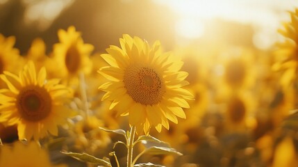 Obraz premium A field of bright yellow sunflowers basking in the warm golden glow of the setting sun.