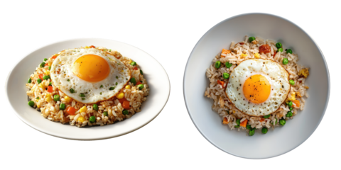 Delicious fried rice and fried eggs with soft yolks on a plate. side and top view. transparent background