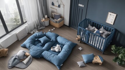 Cozy Nursery with Modern Blue Accents and Soft Textiles