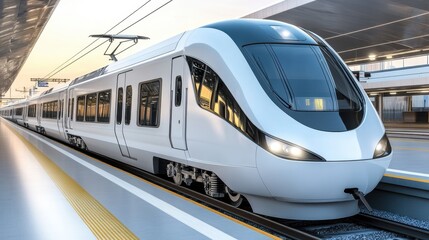 Fototapeta premium Modern Train Arriving at Urban Station in Soft Light
