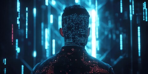 A man's face is projected onto a computer screen with a blue background