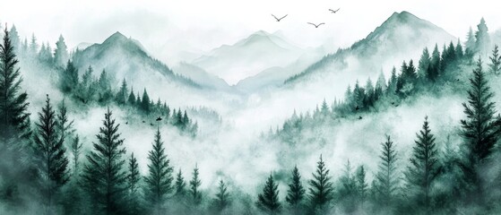 Fototapeta premium Cute Watercolor Clipart of a Misty Forest at Dawn in Nature Style on White Background