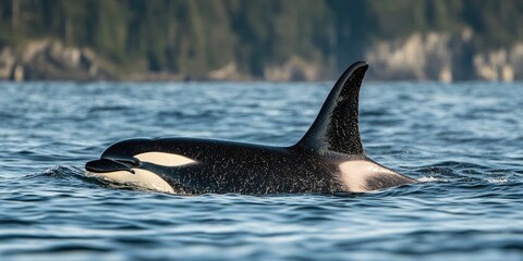 Fototapeta premium A large whale is swimming in the ocean with its tail flapping