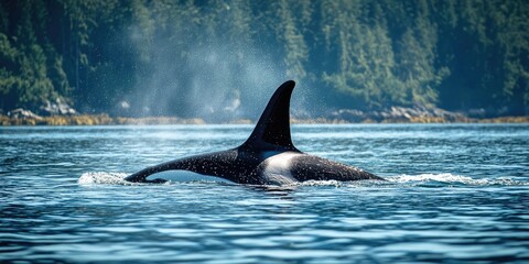 Fototapeta premium A large whale is swimming in the ocean with its tail flapping