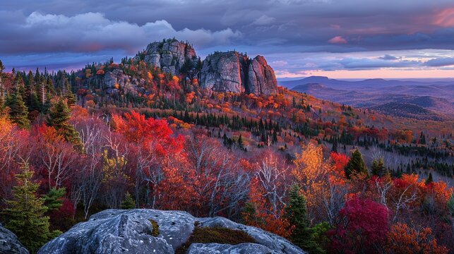 The Scenery of Autumn Forests in the Sunset Mountains - a breathtaking and idyllic visual. The autumn forests in the sunset mountains create a warm and vibrant look. It gives the impression of a seren