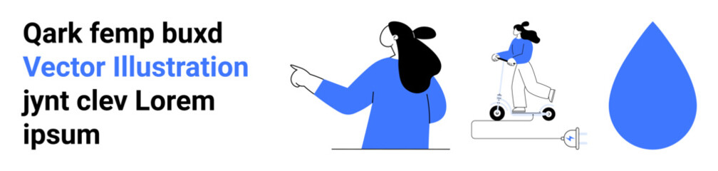 Two women in different activities, one pointing, another riding a scooter. Includes a large blue water drop and text. Ideal for apps, websites, digital marketing, education, adverts, social media