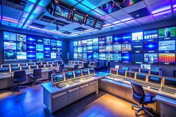 a room with many monitors and a blue and red light