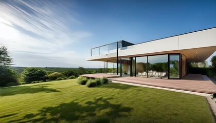 Obraz premium Modern Minimalist House with Expansive Glass Facade and Garden Views
