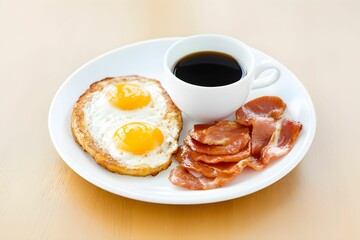 A hearty breakfast plate featuring sunny-side-up eggs, crispy bacon, and a cup of coffee, perfect for starting the day.