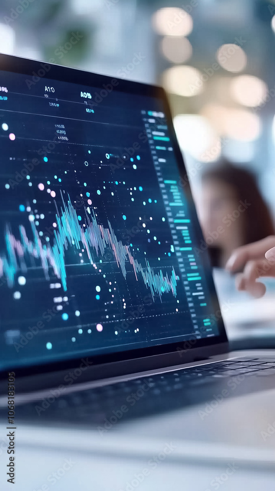 Poster a person interacts with a laptop displaying colorful data visualizations in an office setting