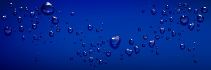 Water drops on blue background. Vector realistic illustration of wet window or wall covered with rain droplets, aqua spray effect on surface, cosmetic moisture serum or gel blobs texture, condensation