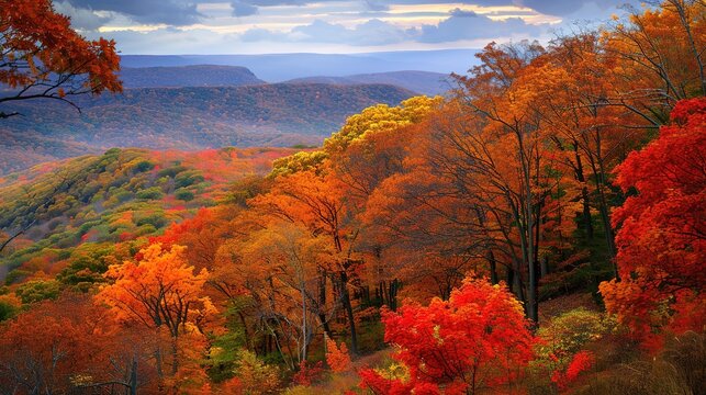 The Scenery of Autumn Forests in the Sunset Mountains - a breathtaking and idyllic visual. The autumn forests in the sunset mountains create a warm and vibrant look. It gives the impression of a seren