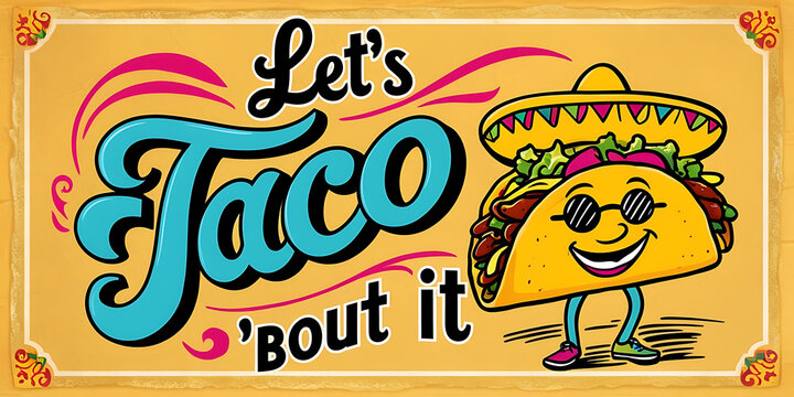 Cheerful poster with “Let’s Taco ’Bout It” in bold, festive typography on a warm-toned background, featuring a small taco illustration to add a humorous, food-loving touch.